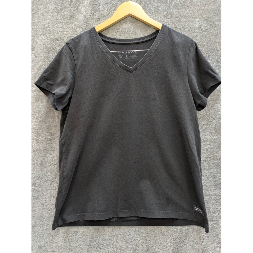 Minimalist V-Neck T-Shirt Womens Large Charcoal Gray Life is Good Crusher Tee